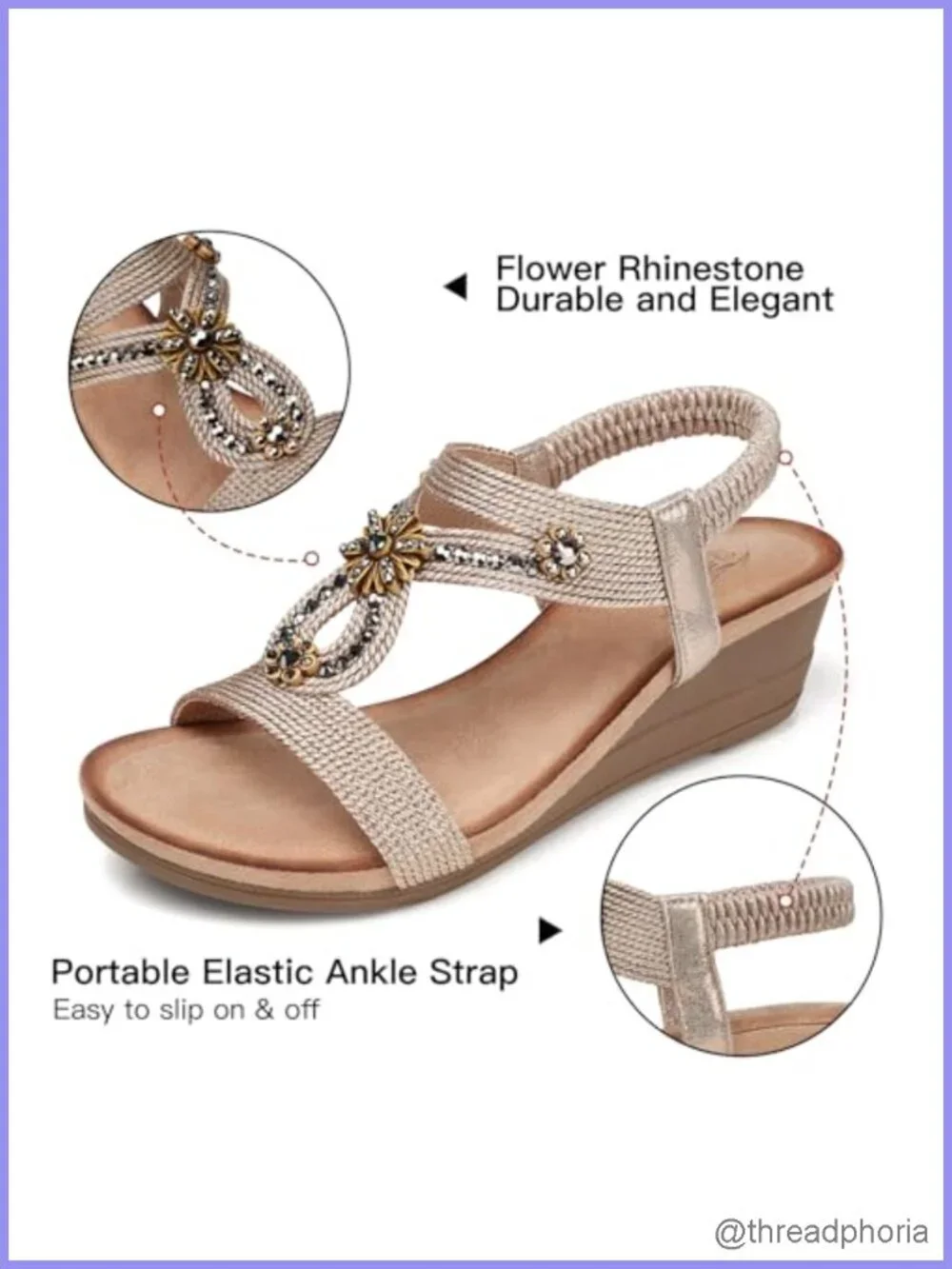 Low Heel Wedge Sandals with Cushioning, Open Toe, Elastic Ankle Strap, Dressy